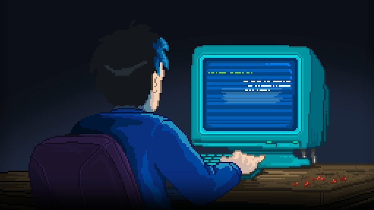 A man STAYs seated at a desk with a PC in front of him.