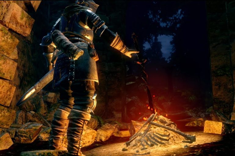 An Available Dark Souls character standing in a cave with a scythe.