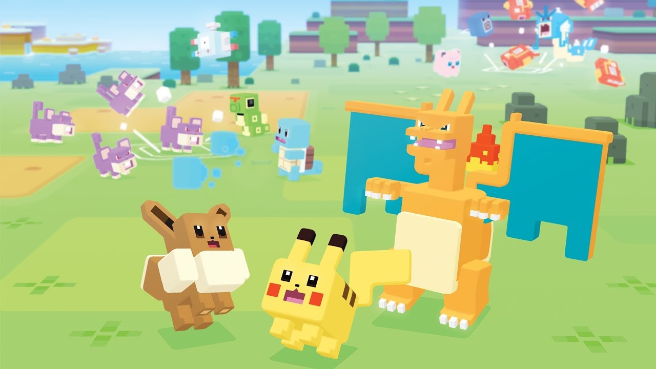 A group of Pokémon characters from Pokémon Quest in a field.