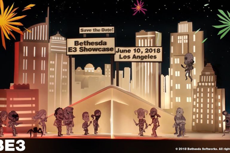 A paper cut out of a city with fireworks in the background at the Bethesda E3 Showcase.