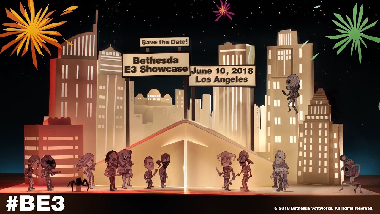 A paper cut out of a city with fireworks in the background at the Bethesda E3 Showcase.
