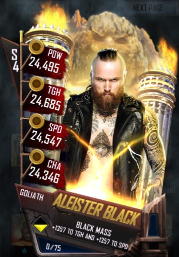 Aleister Black WWE SuperCard Goliath Tier card screenshot.