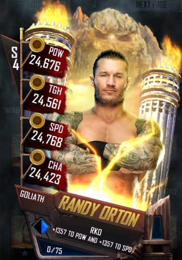 Randy Orton, a WWE SuperCard wrestler known for his Goliath Tier status, is captured in a thrilling screenshot during a wrestling match.