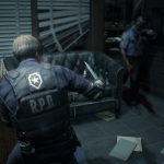 In a gripping nod to Resident Evil 2, a video game character in an RPD uniform confronts a zombie in a dimly lit room filled with overturned furniture, reminiscent of the eerie atmosphere Capcom showcased at E3 2018.