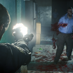 In the iconic remake of Resident Evil 2 by Capcom, a man is seen holding a gun in a haunting hallway within Raccoon City.