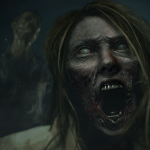 Close-up of a zombie with decayed skin and an open mouth, displaying sharp teeth, reminiscent of the horrors encountered in Raccoon City. A second zombie lurks in the dark background, evoking the eerie atmosphere akin to Resident Evil 2. The scene is dimly lit with a creepy vibe.