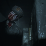 A zombie in a dark room with blood on his face, reminiscent of the horror-filled Raccoon City from Capcom's legendary game Resident Evil 2.
