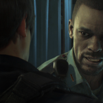 In the immersive video game "Resident Evil 2", set in the perilous Raccoon City, two characters engage in a captivating conversation.