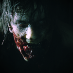 In the dark setting of Raccoon City, a close-up reveals a pale, disheveled person with blood on their face and sharp teeth, evoking the chilling essence of Capcom's Resident Evil 2.