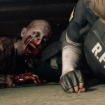 A zombie crawls towards a person in an R.P.D. uniform, a tense scene echoing the eerie atmosphere of Resident Evil 2's Raccoon City, crafted by Capcom.