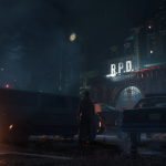 In this dark, rainy scene, a silhouette stands ominously near burning cars in front of a building labeled "R.P.D.", evoking intense memories of Raccoon City from Resident Evil 2 by Capcom.