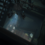 A haunting image of a staircase illuminated by a captivating light, reminiscent of the atmosphere in Resident Evil 2 from Capcom's Raccoon City.