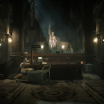 A dark room with a statue in the middle, reminiscent of Capcom's Resident Evil 2 in Raccoon City.