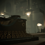 An old typewriter sitting in a dark room in Raccoon City.