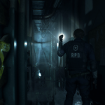 A man in Raccoon City, holding a flashlight in a dark hallway, experiences the suspenseful atmosphere of Capcom's Resident Evil 2.