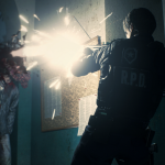 In the apocalyptic streets of Raccoon City, a man bravely stands amidst a room full of zombies, clutching a flashlight to illuminate their haunting presence.