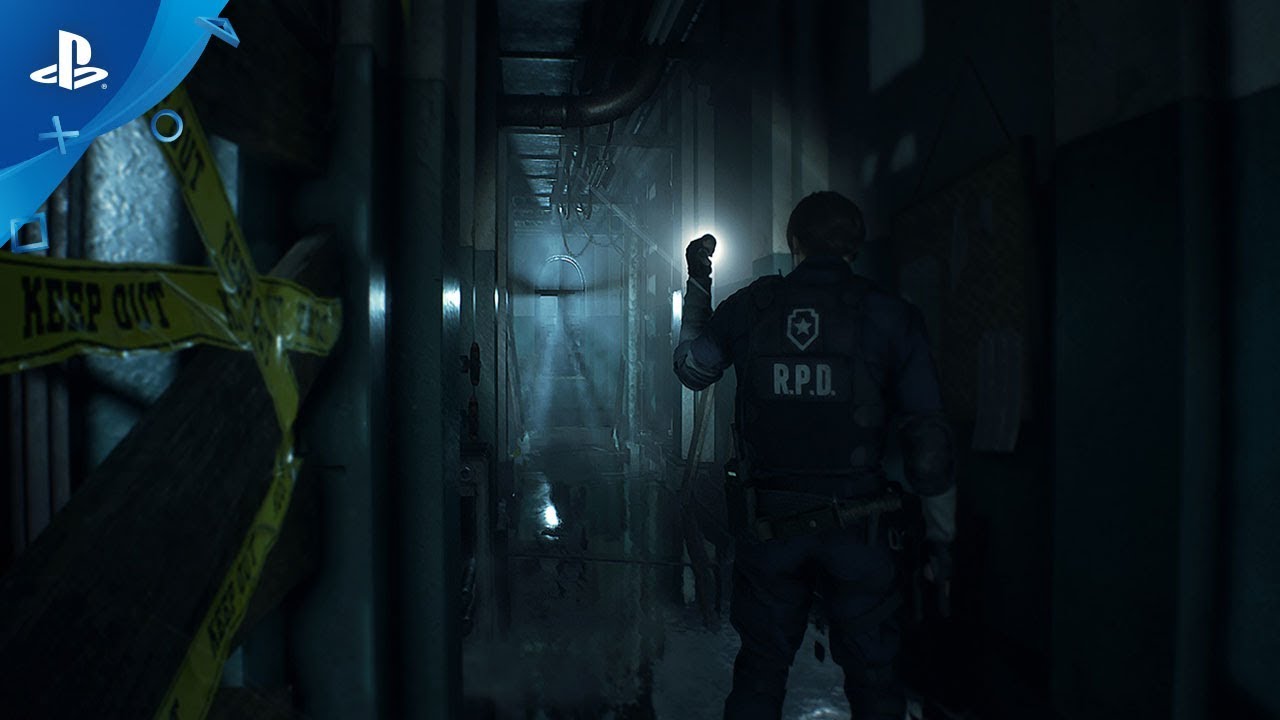 A man is standing in a dark hallway in Raccoon City with a flashlight, facing the horrors of Capcom's Resident Evil 2.