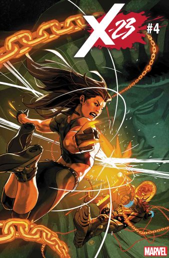 The Marvel Universe's x-23, armed with a sword, takes center stage on the cover.