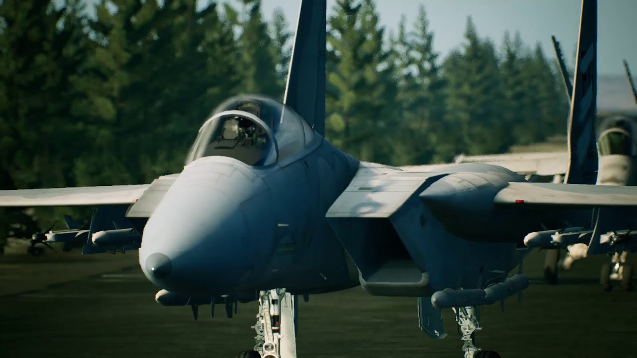 A fleet of Ace Combat 7 fighter jets parked on a runway.
