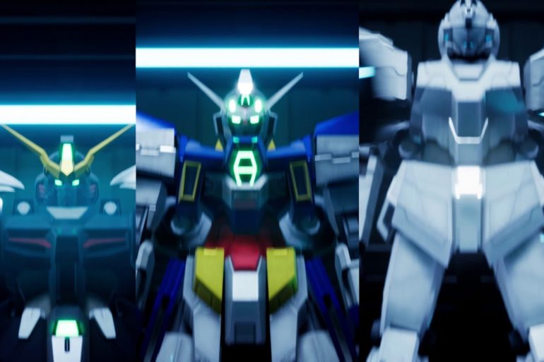 A group of Gundam robots standing in front of each other.