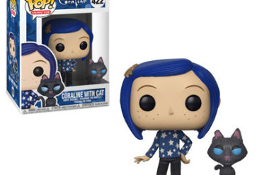 A Funko Pop! vinyl figure of a girl with blue hair and a cat.