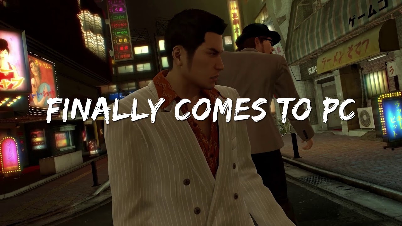 A man in a suit walking down a street with the words finally comes to PC in Yakuza 0.