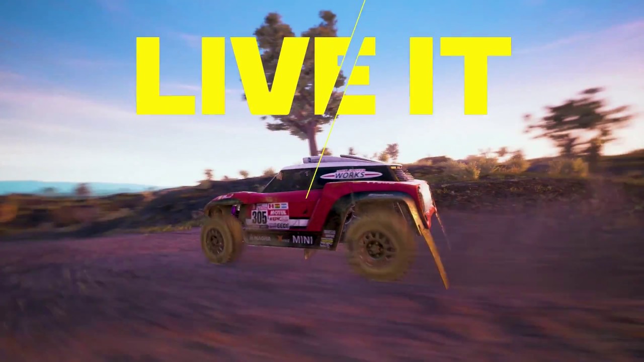 Dakar 18 Launches on September 25, featuring a car driving down a dirt road with the words live it.