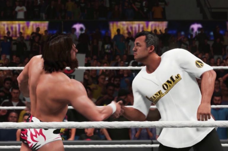 Relive the iconic moment of Daniel Bryan and another wrestler shaking hands in a thrilling WWE 2K19 Showcase Mode match.