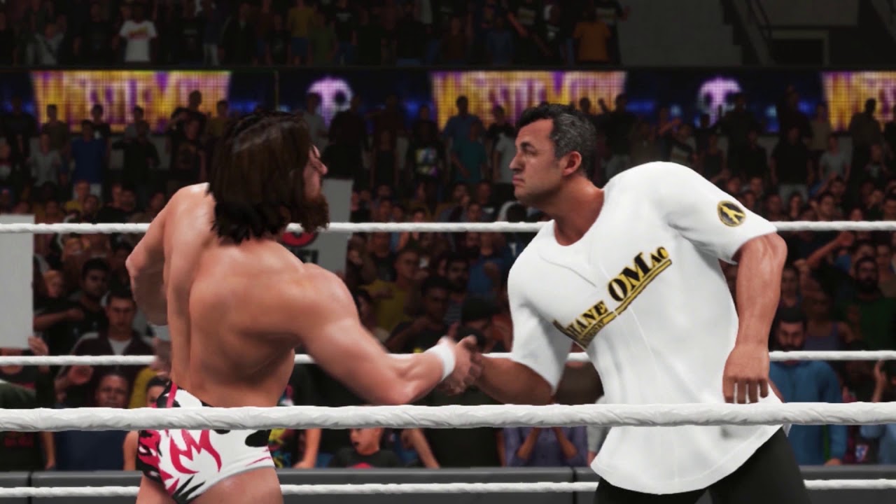 Relive the iconic moment of Daniel Bryan and another wrestler shaking hands in a thrilling WWE 2K19 Showcase Mode match.