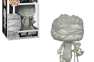 A Funko pop vinyl figure of Lady Justice wielding a sword.