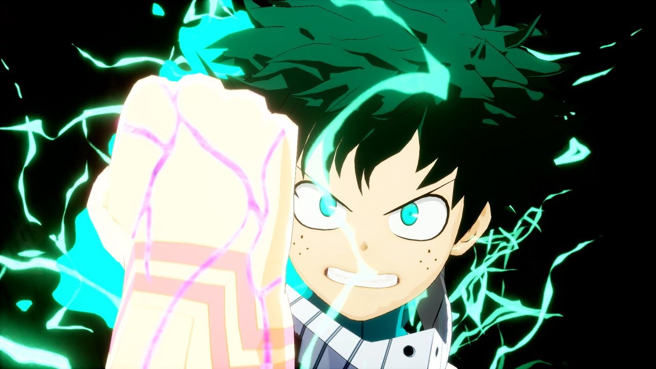 A boy from Hero One's Justice with green hair is holding a fist at various stores.