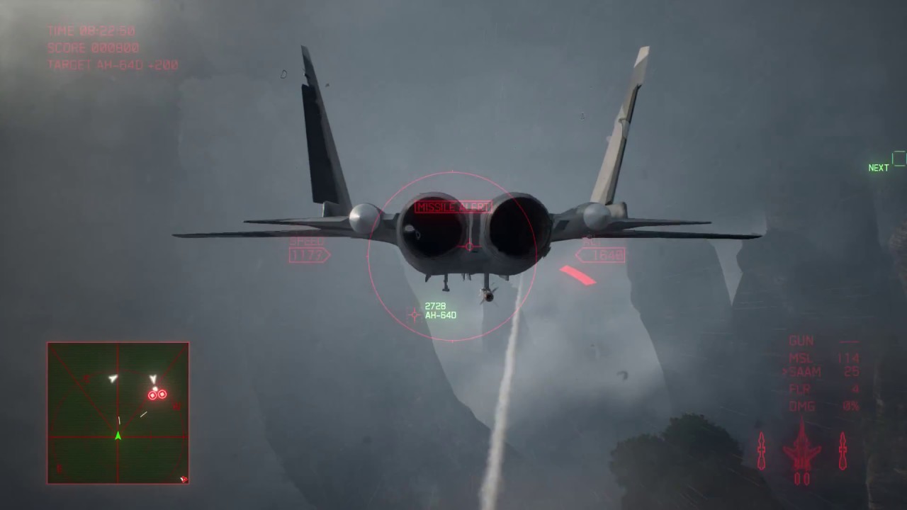 In the thrilling skies of Ace Combat 7, witness a fighter jet soaring majestically over a rugged mountain range. Experience the exhilarating adrenaline as you engage in heart-pounding aerial combat