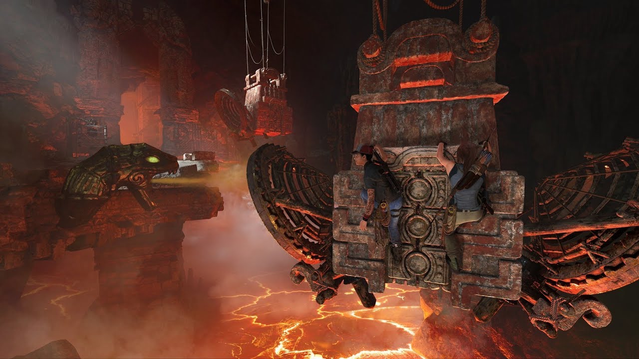 A screenshot of the DLC Forge in Shadow of the Tomb Raider, featuring a dragon in the background.