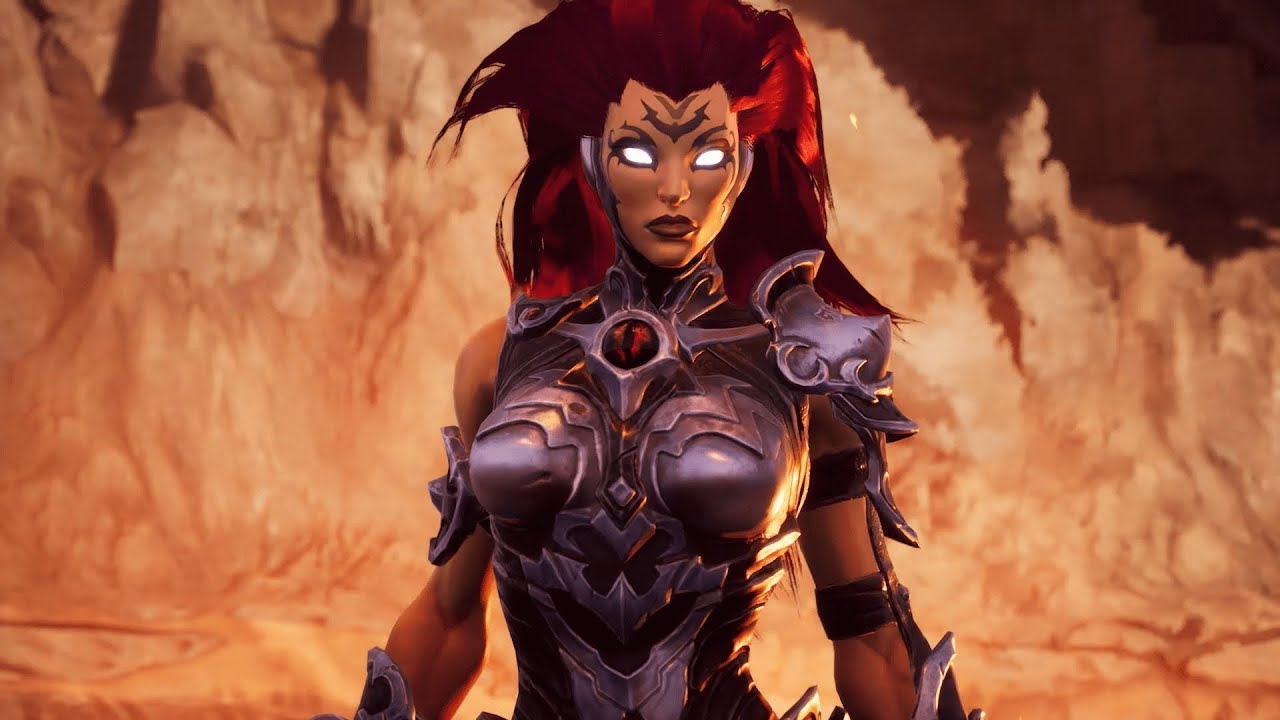 Fury's Apocalypse, a female character with red hair, standing in a desert in Darksiders III.