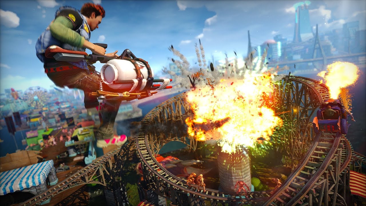A man is riding a roller coaster in the video game Sunset Overdrive on his PC.