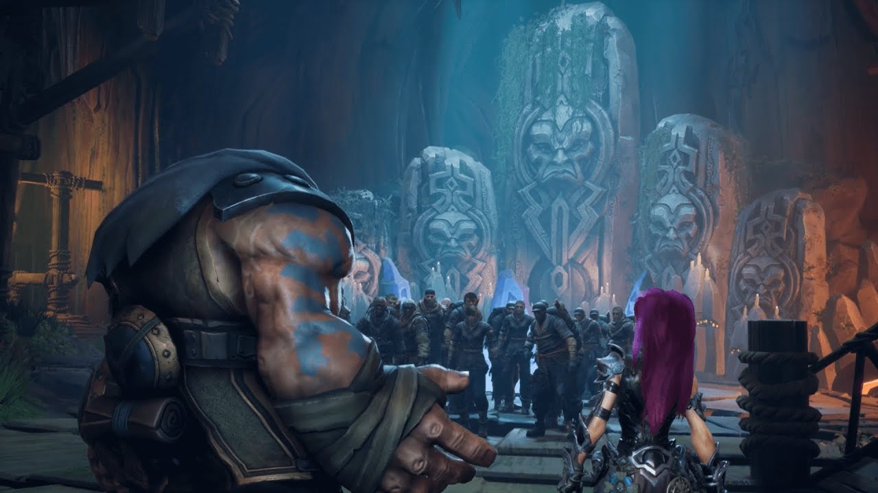 A character from Darksiders III is standing in front of a group of statues.