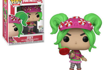 A Pop Vinyl figure of a girl with green hair and a pink hat.
