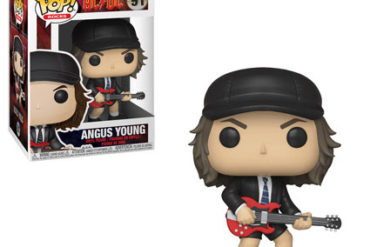 A Funko Pop vinyl figure of Angus Young from AC/DC, playing a guitar.