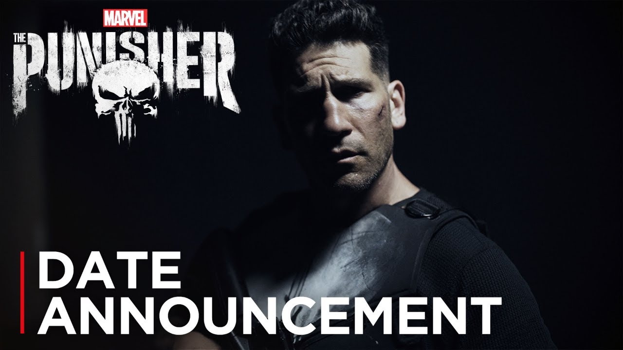 The Punisher date announcement featuring Frank Castle in front of a dark background as he heads back.