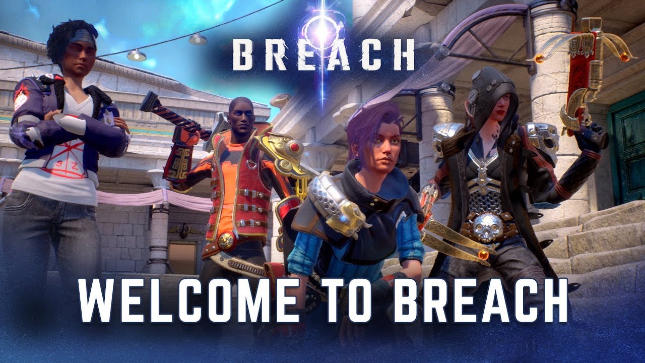 A group of people standing in front of a building with the words "Breach" - an Early Access game on Steam - welcoming players to join.
