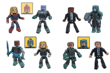 A collection of Diamond Select action figures, featuring Captain Marvel in various poses, along with Minimates.