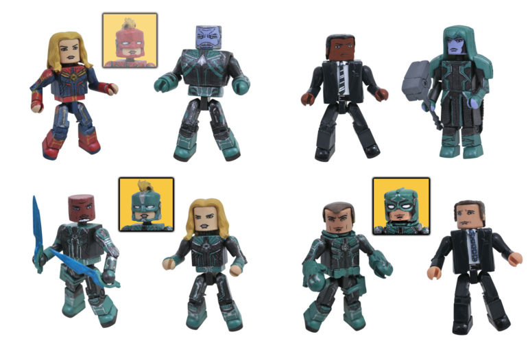 A collection of Diamond Select action figures, featuring Captain Marvel in various poses, along with Minimates.