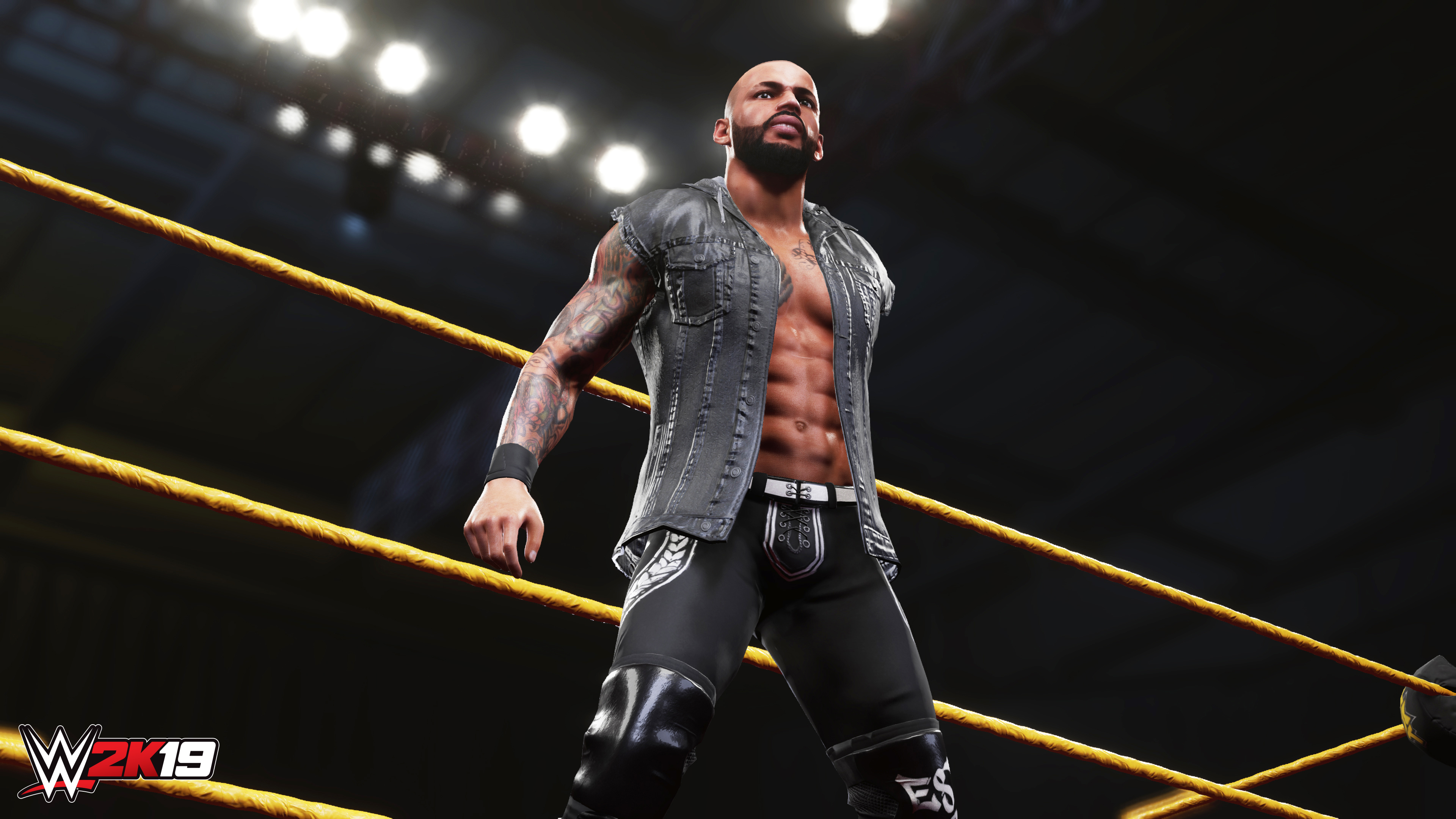 The rising star wrestler is standing in the ring, showcasing their skills in WWE 2K19 DLC.