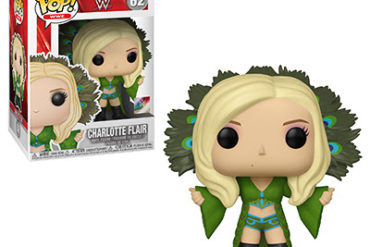 A WWE Funko Pop! figure with feathers and a green dress, paying homage to Flair.