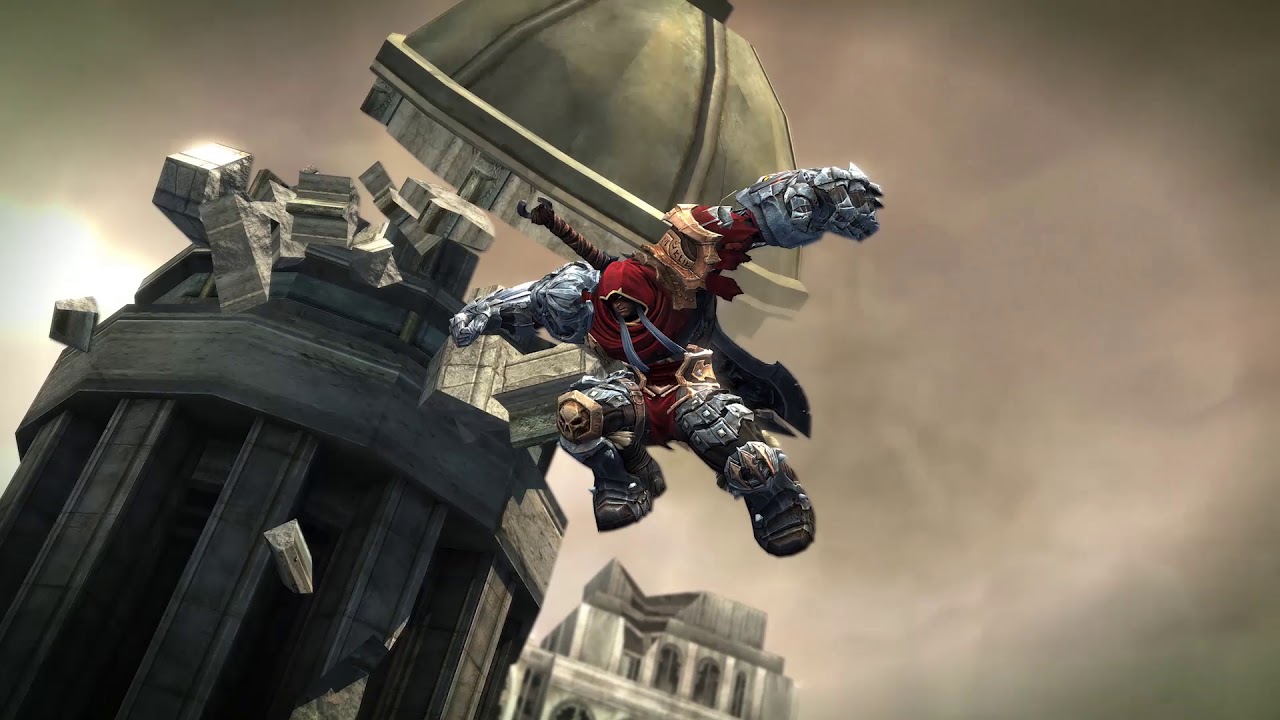 A character is flying over a building in the video game Darksiders.