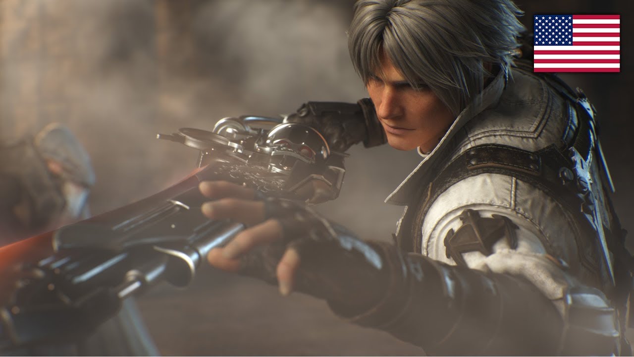 A character from the game Final Fantasy XIV is holding a sword in front of an american flag.
