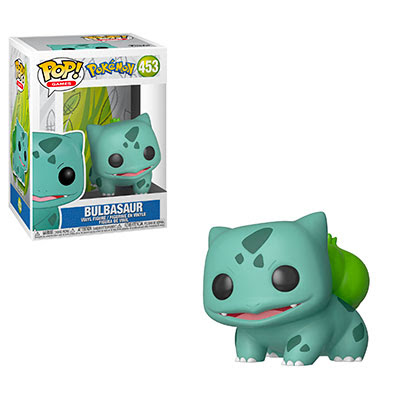 A Funko Pop vinyl figure of Bulbasaur, a Pokémon, in a box.