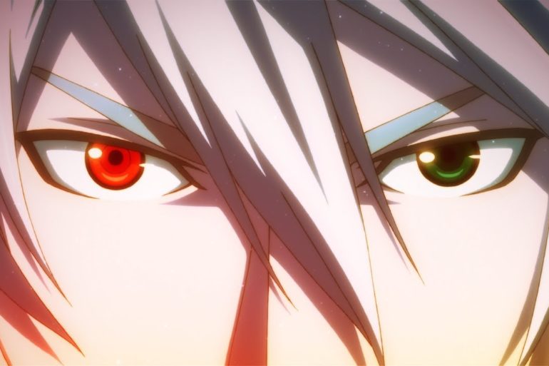 A close up of an anime character with red eyes featured in the game Centralfiction, part of the Blazblue series.