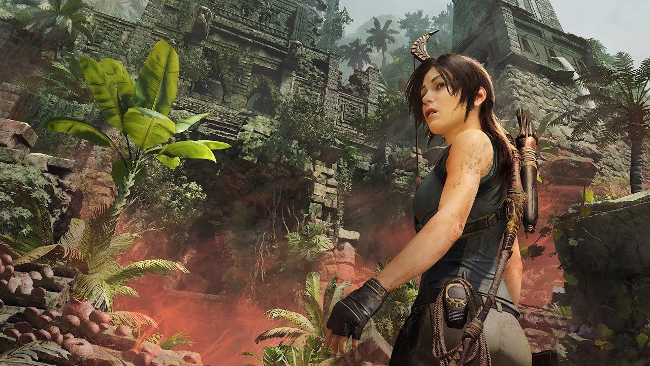 A woman, inspired by Shadow of the Tomb Raider, is standing in front of a jungle.