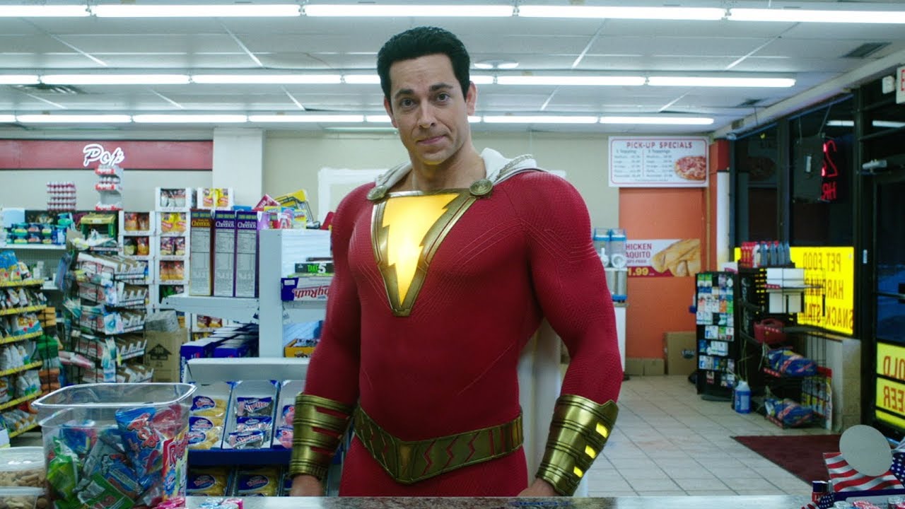 Shazam is featured in the Official Trailer #2 standing in front of a grocery store.